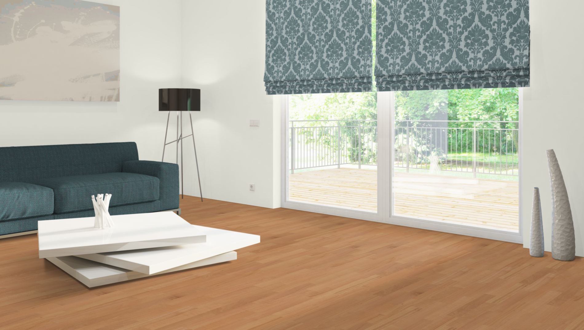 Buche ged. Stabparkett Select/Natur 22 mm roh – Beispielbild modernes Wohnzimmer mit Sofa und Balkon