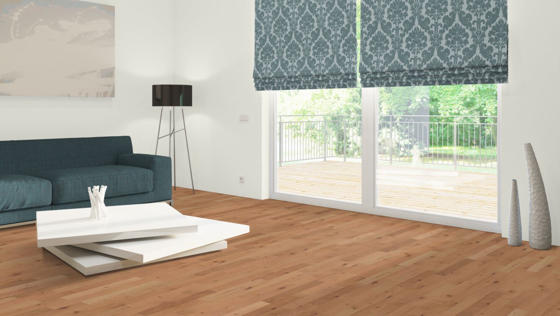 Esche Stabparkett Select/Natur 22 mm roh – Beispielbild modernes Wohnzimmer mit Sofa und Balkon