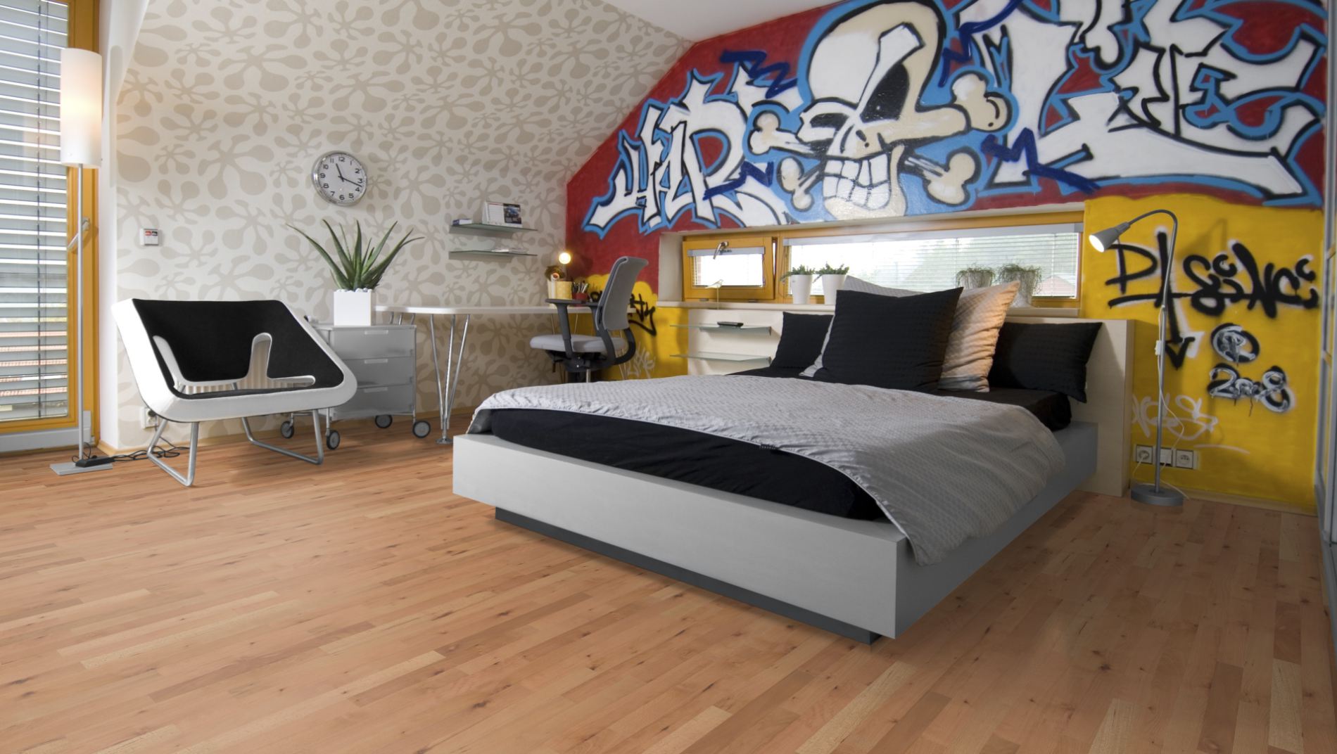 Esche Stabparkett Select/Natur 22 mm roh – Beispielbild modernes Schlafzimmer mit Graffiti-Wand und Bett