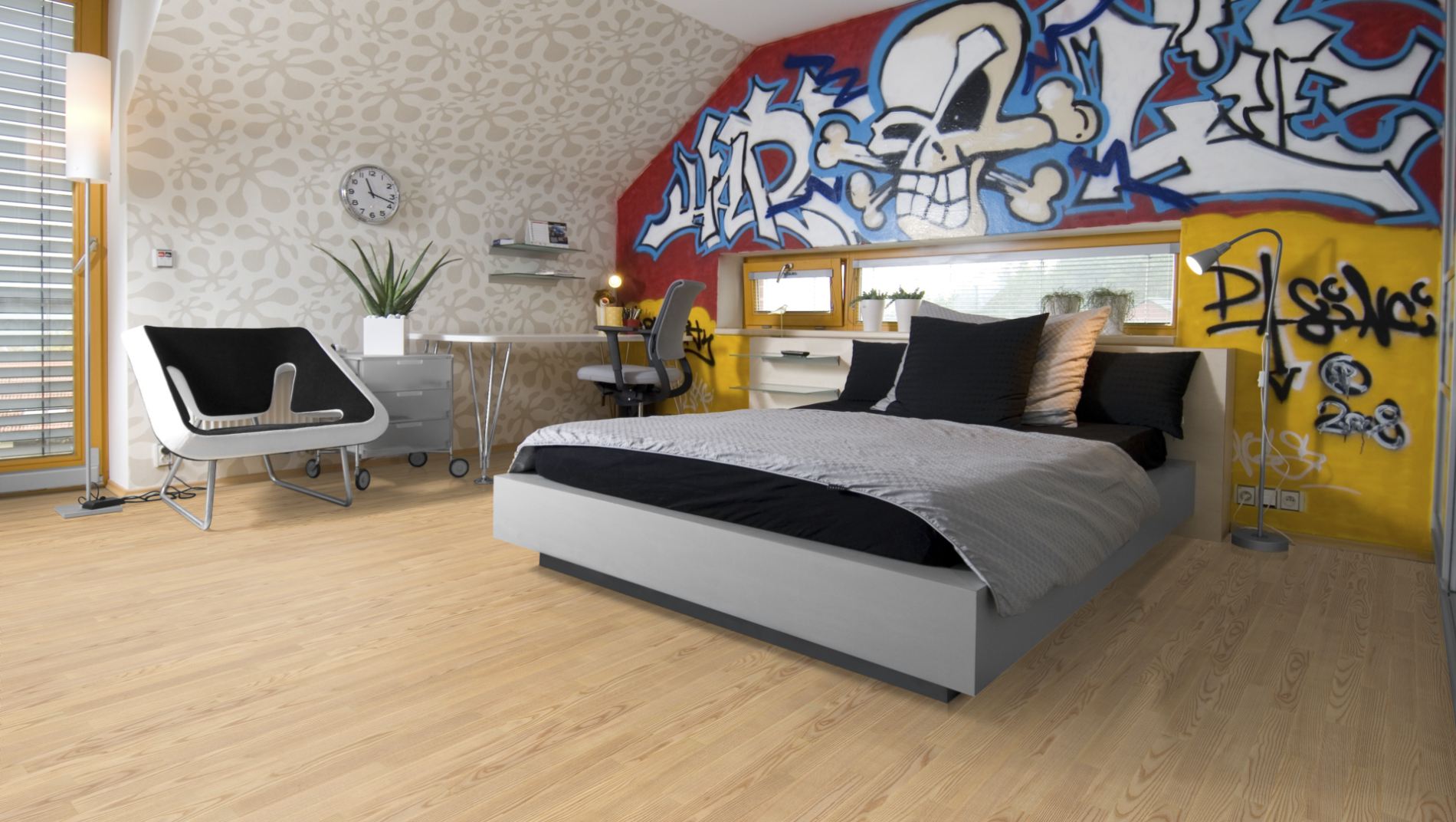 Esche Stabparkett Select/Natur 22 mm roh – Beispielbild modernes Schlafzimmer mit Graffiti-Wand und Bett