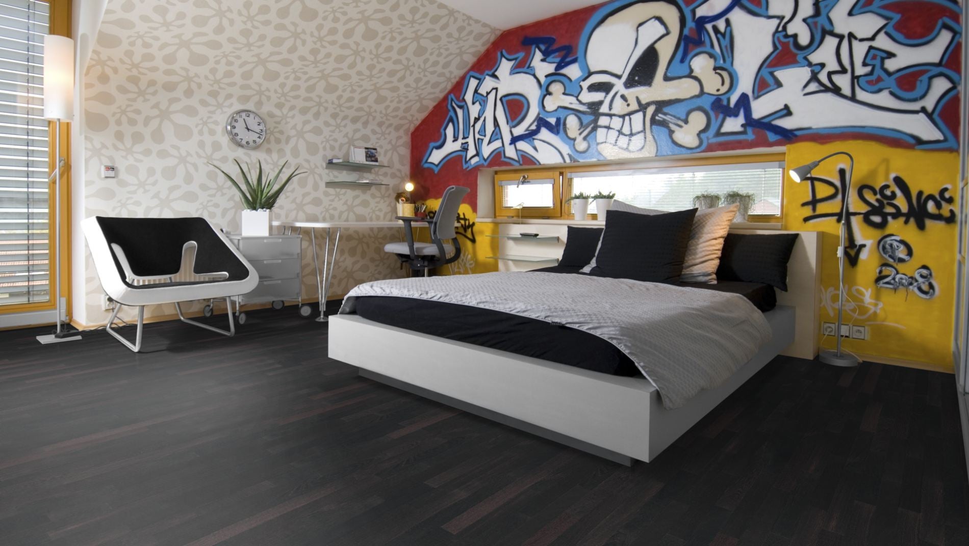 Wenge Stabparkett Natur 22 mm roh – Beispielbild modernes Schlafzimmer mit Graffiti-Wand und Bett