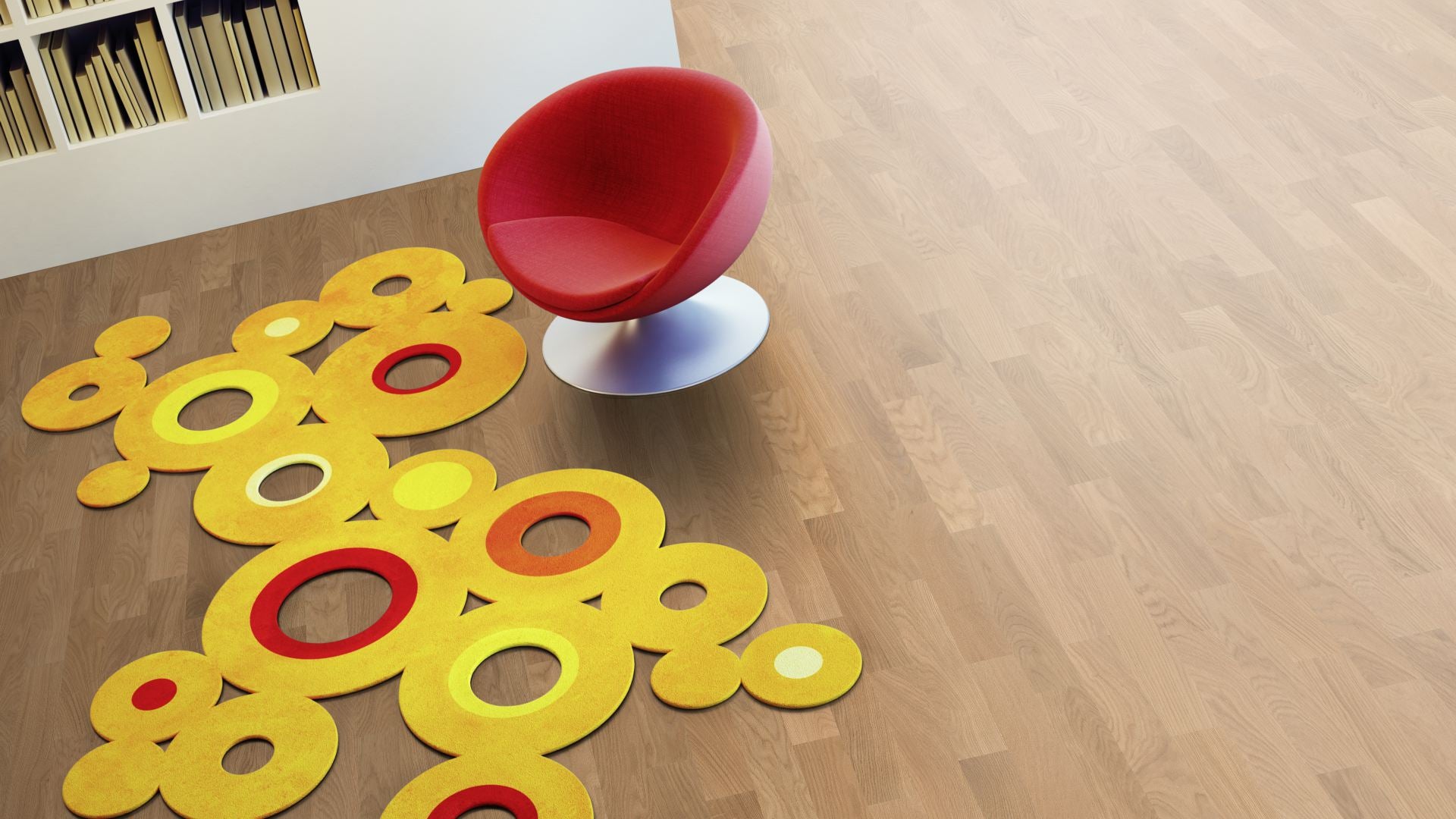 Eiche Nature roh 2-Schicht Fertigparkett Beispielbild Wohnzimmer mit rotem Stuhl