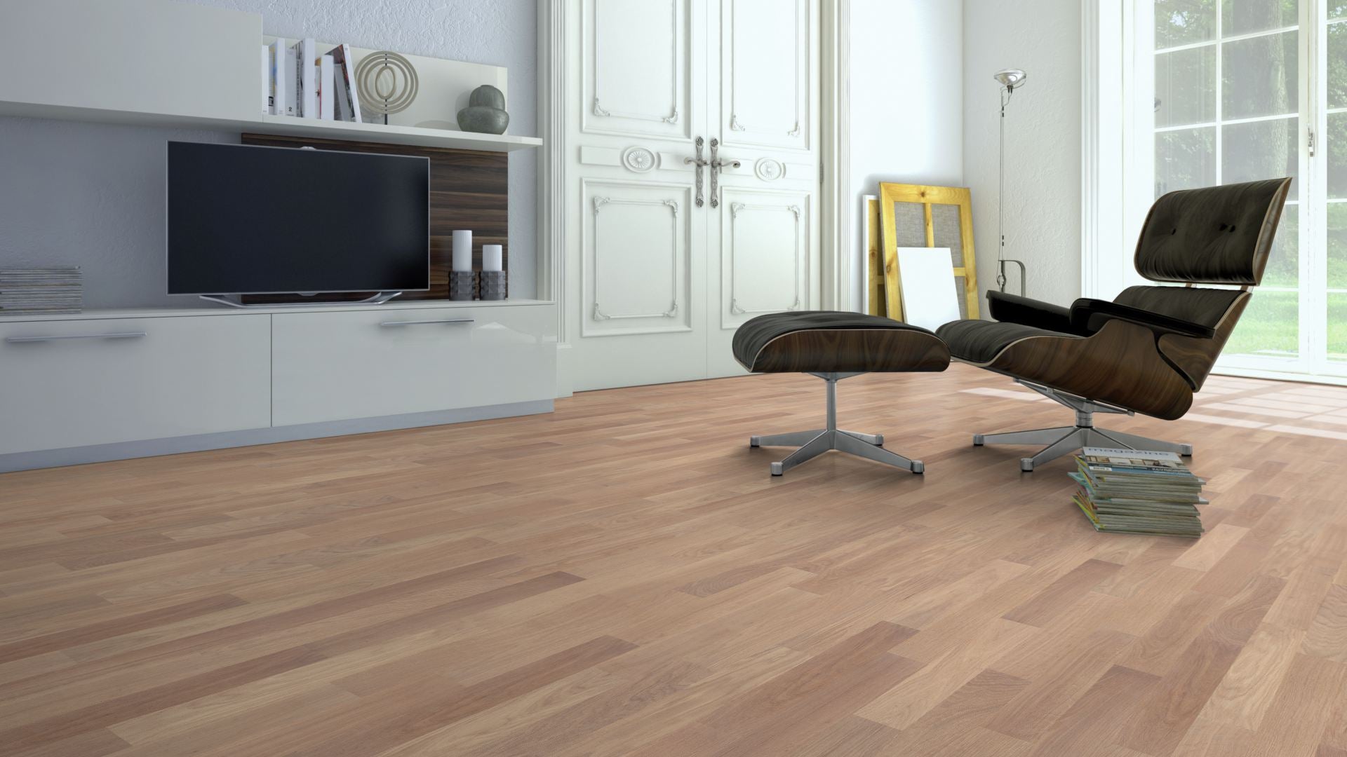 Eiche Nature 15 % weiß geölt 2-Schicht Fertigparkett Beispielbild Designerstuhl