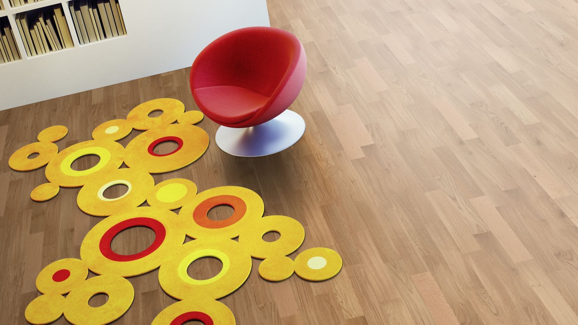 Eiche Object lackiert (matt) 2-Schicht Fertigparkett Beispielbild Wohnzimmer mit rotem Stuhl