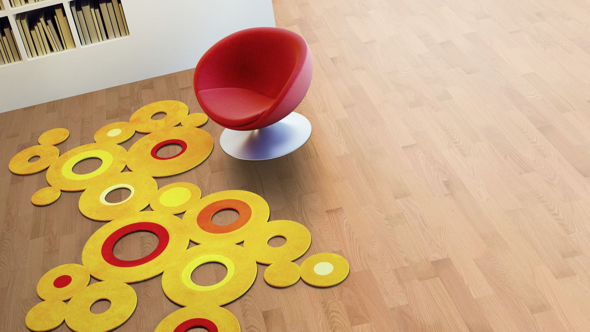 Roteiche Select/Nature geölt 2-Schicht Fertigparkett Beispielbild Wohnzimmer mit rotem Stuhl