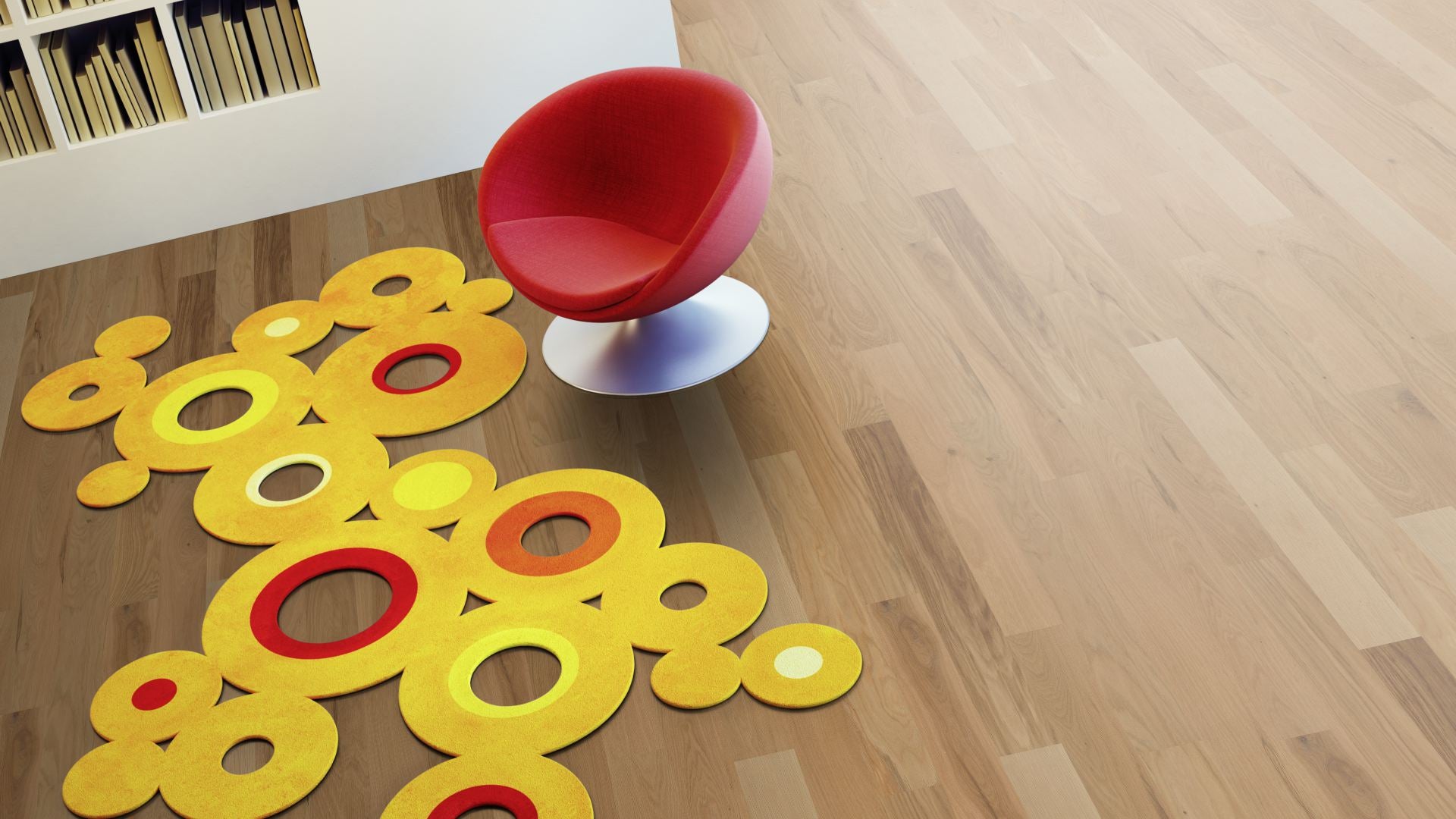 Eiche Object geölt – 2-Schicht Fertigparkett MAXI Beispielbild Wohnzimmer mit rotem Stuhl