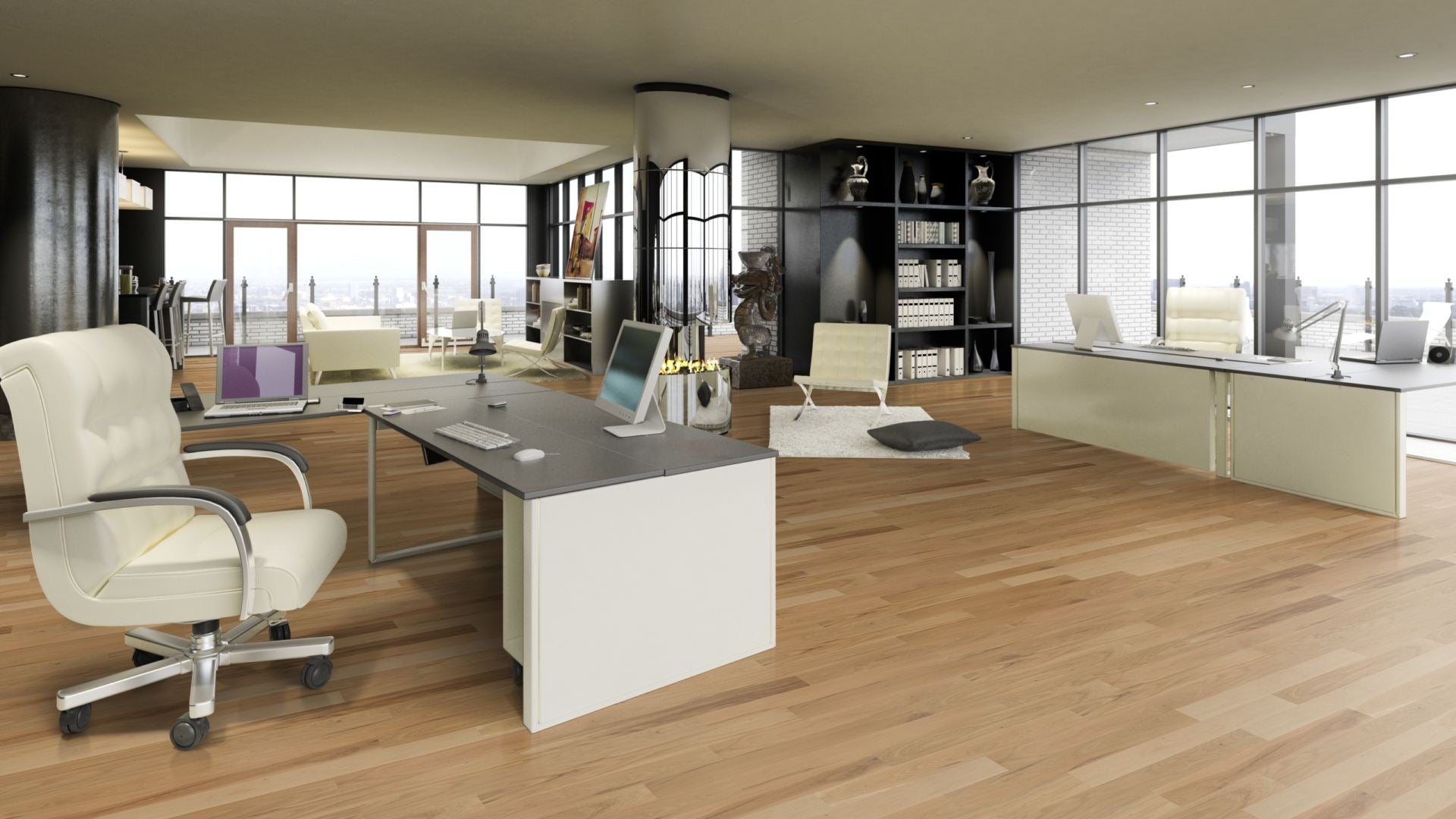 Eiche Object geölt – 2-Schicht Fertigparkett MAXI Beispielbild Wohnzimmer mit rotem Stuhl Beispielbild Büro