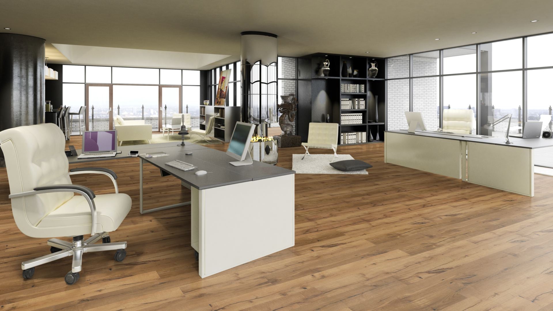 Eiche Classic gebürstet & farblos geölt 3-Schicht Landhausdiele Click Beispielbild Wohnzimmer mit grauem Sofa