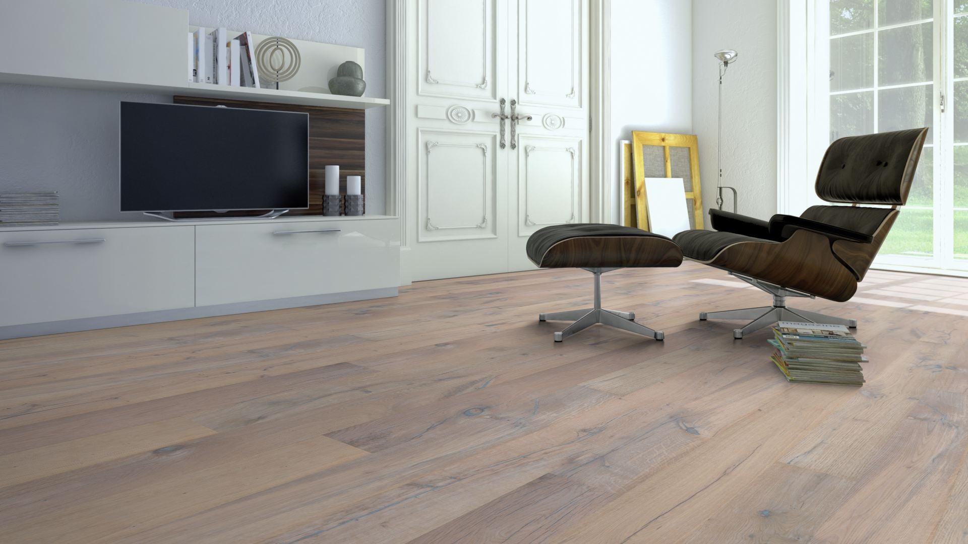 Eiche Classic gebürstet & 15 % weiß geölt 3-Schicht Landhausdiele Click Beispielbild Designerstuhl