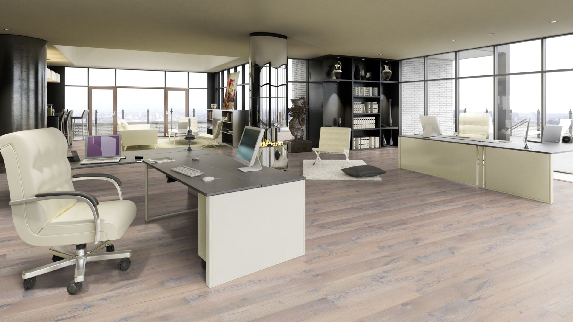 Eiche Classic gebürstet & 15 % weiß geölt 3-Schicht Landhausdiele Click Beispielbild Büro