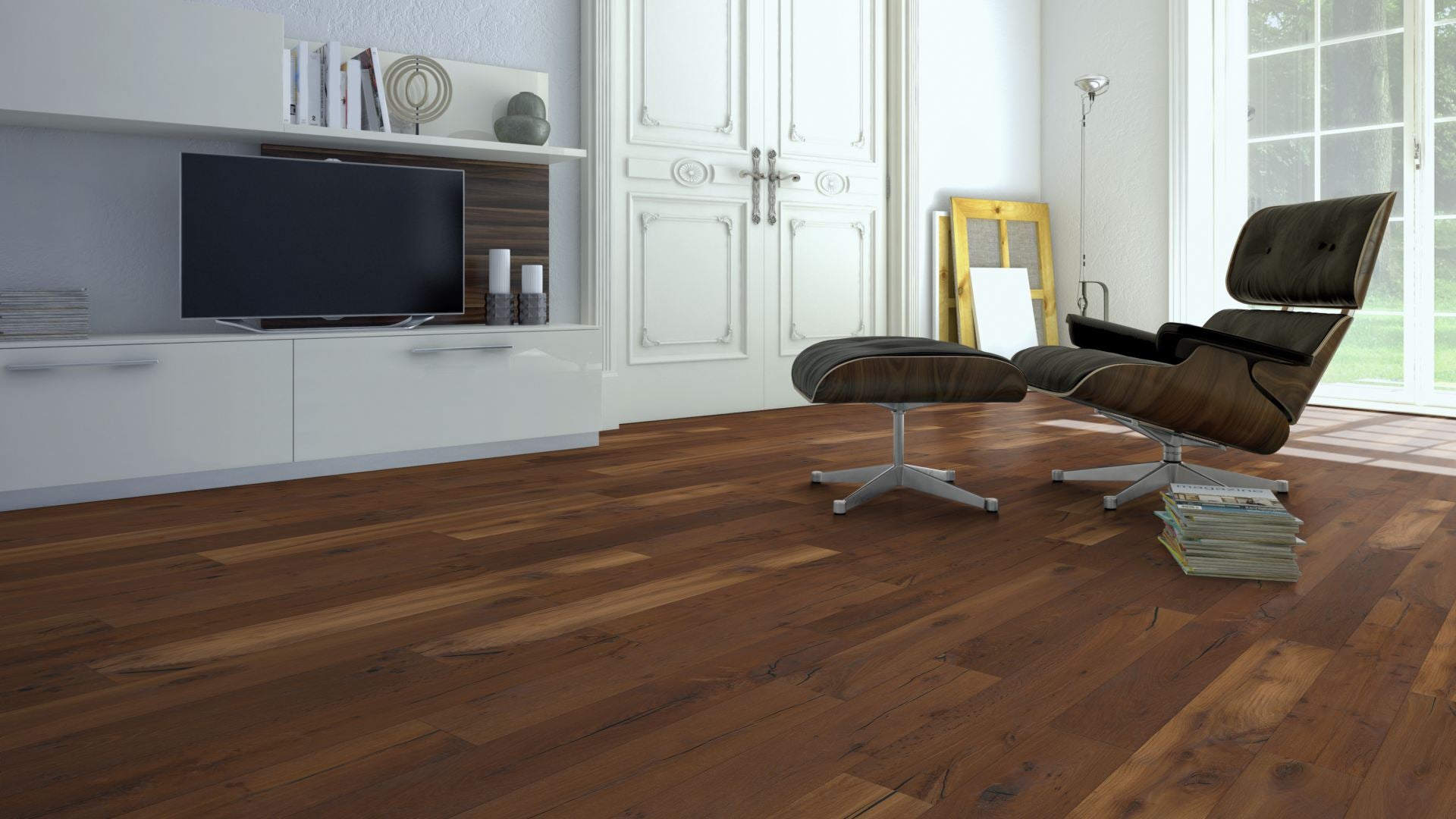 Räuchereiche Classic farblos geölt 3-Schicht Landhausdiele Click Beispielbild Designerstuhl