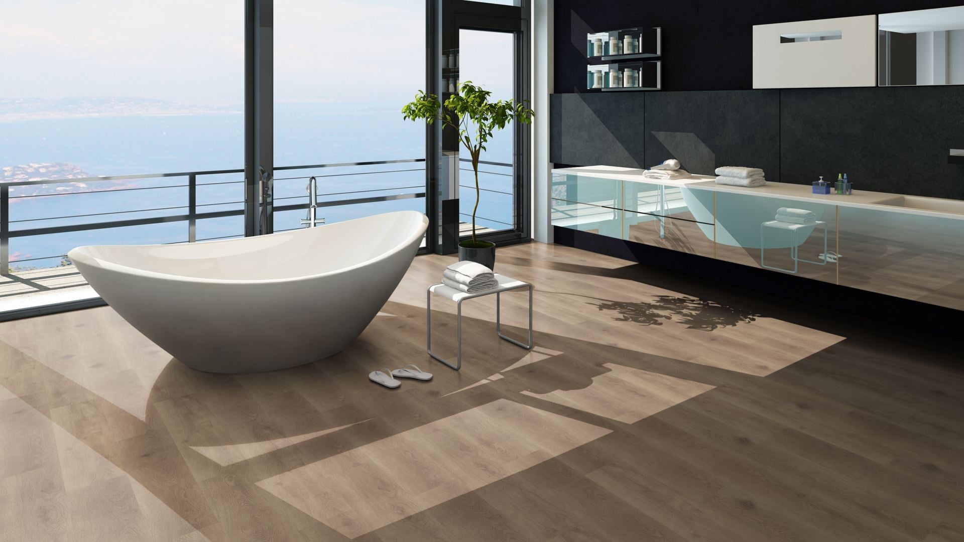 Juno Traffic Vinyl Designboden Klebeplanke 2,5 × 188 × 1228 mm – Beispielbild modernes Bad