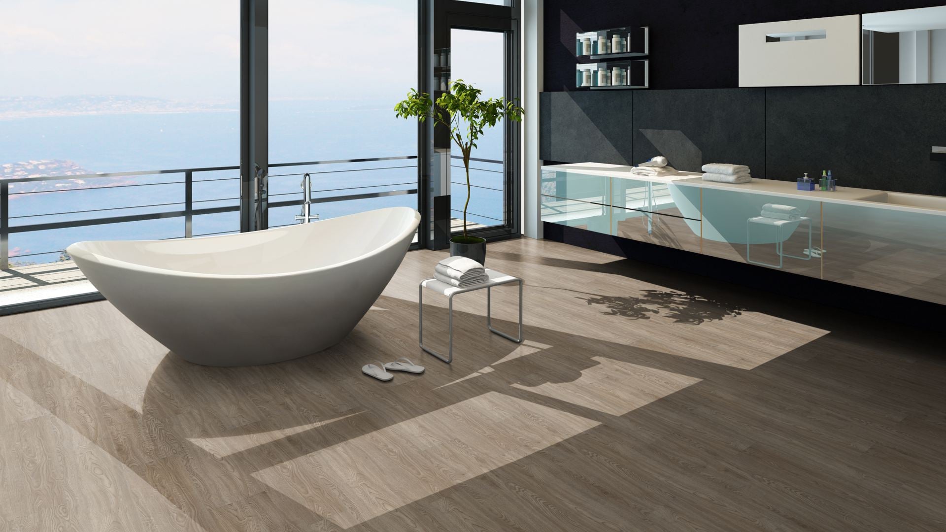 Ares Traffic SPC Vinyl Designboden Click 6,5 × 183 × 1220 mm – Beispielbild modernes Bad