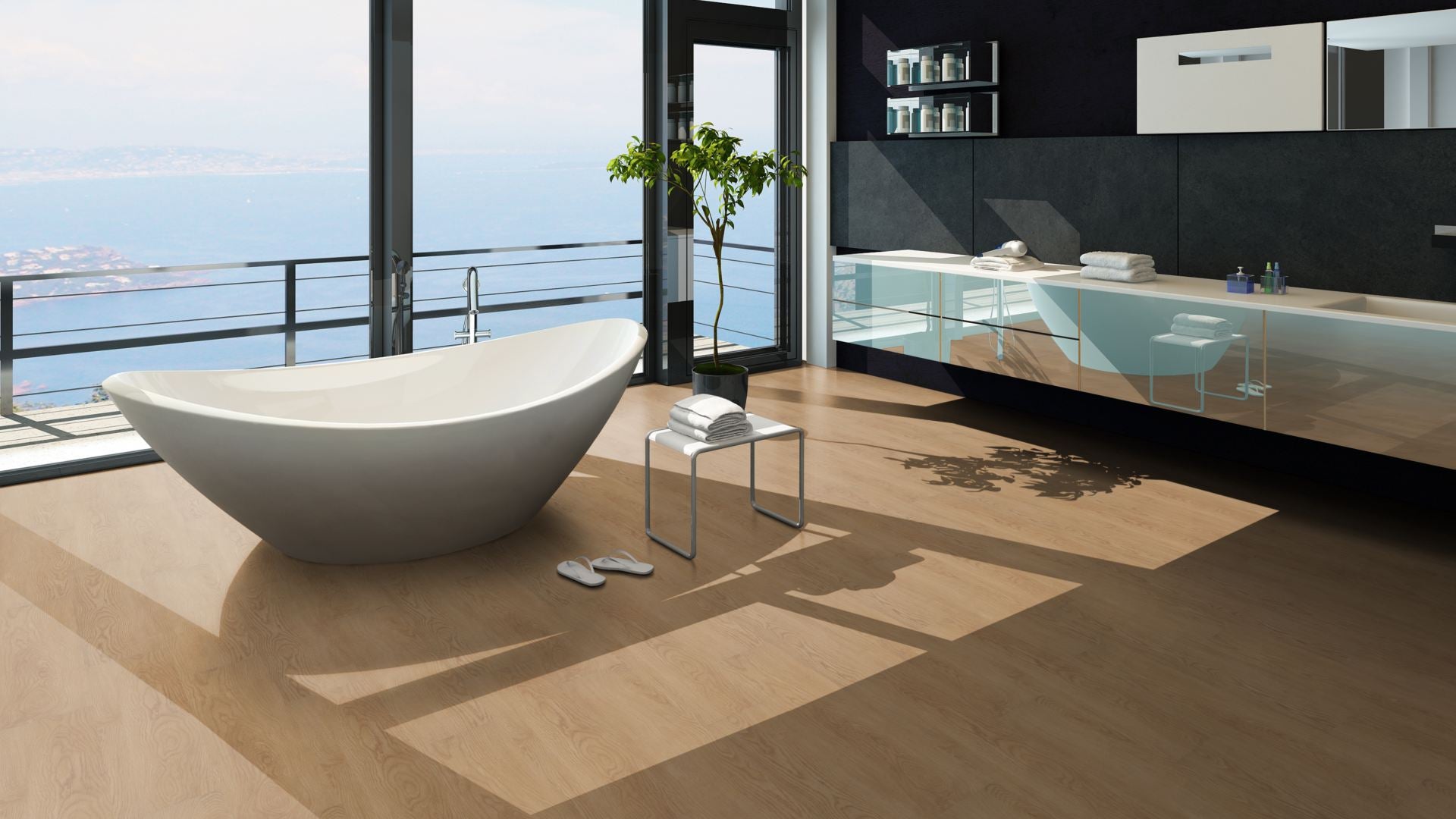 Triton Traffic SPC Vinyl Designboden Click 6,5 × 183 × 1220 mm – Beispielbild modernes Bad