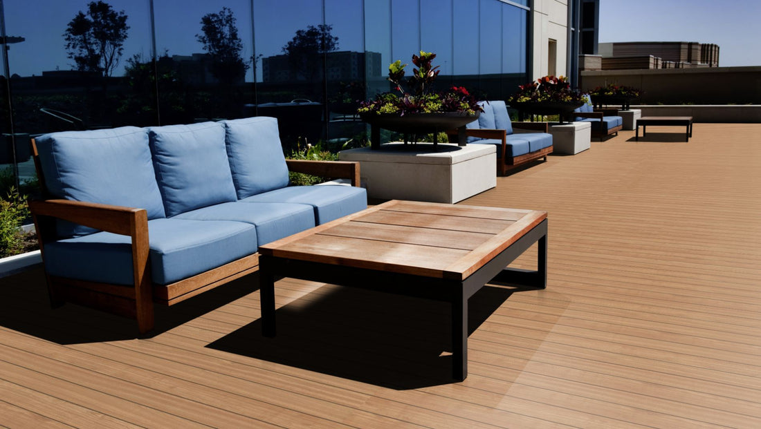 Bangkirai Prime KD glatt Terrassendiele 23 × 140 mm Fixlängen Beispielbild Dachterrasse