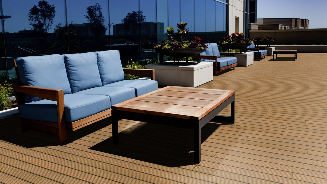 Garapa Prime KD französisch Systemdiele Terrassendiele 25 × 144 mm Nut & Feder Beispielbild Dachterrasse