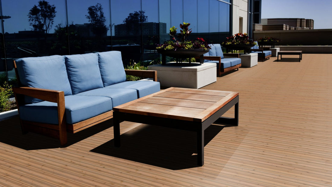Douglasie I/III nachsortiert KD französisch Terrassendiele 26 x 145mm Fixlängen Beispielbild Dachterrasse