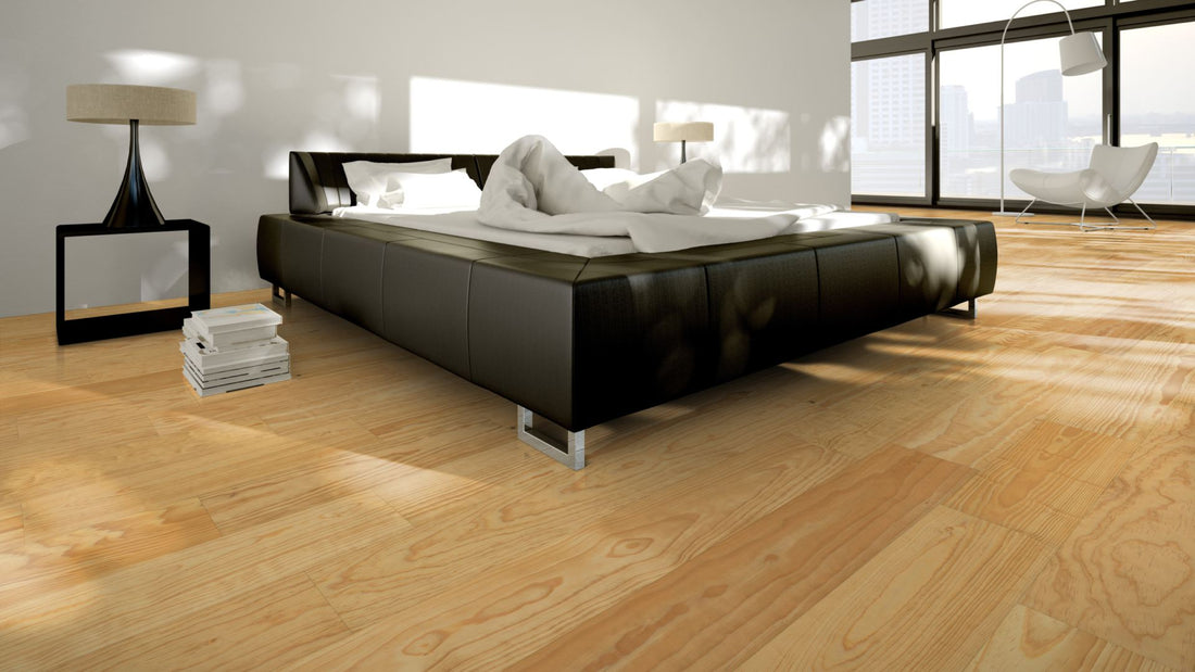 Pitch Pine Eleganz/Natur geölt Massivholzdiele 20 × 135 mm – Beispielbild modernes Schlafzimmer