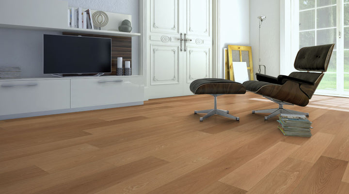 Eiche Select/Natur farblos geölt 3-Schicht Landhausdiele Click Beispielbild Designerstuhl