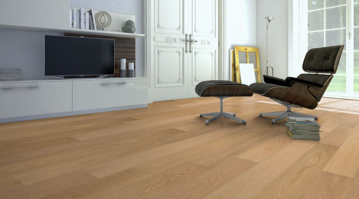 Eiche Select/Natur gebürstet & farblos geölt 3-Schicht Landhausdiele Click Beispielbild Designerstuhl