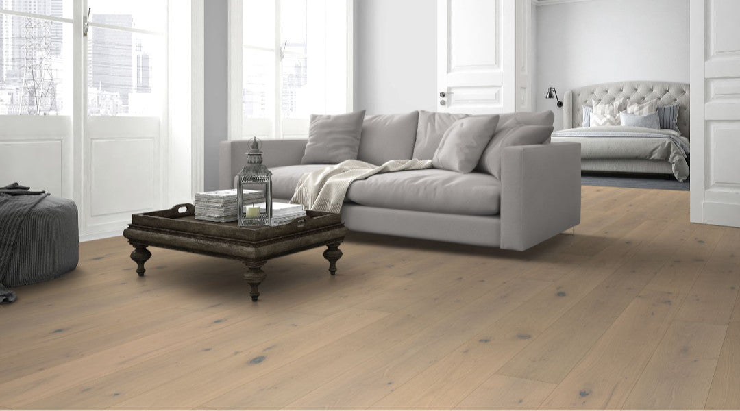 Eiche Project 15 % weiß geölt 3-Schicht Landhausdiele Click Beispielbild Wohnzimmer