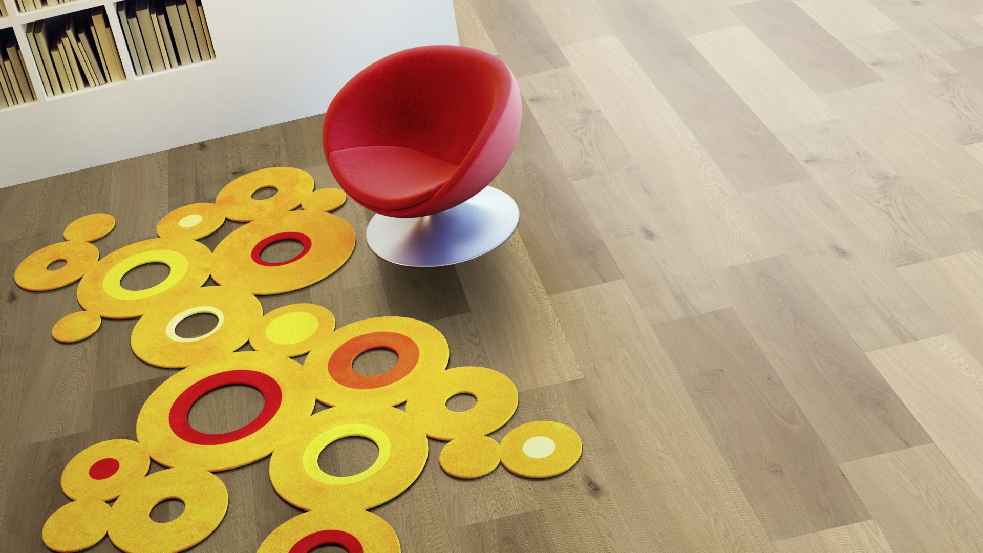 Eiche Project Landhausdiele Click Beispielbild Wohnzimmer mit rotem Stuhl