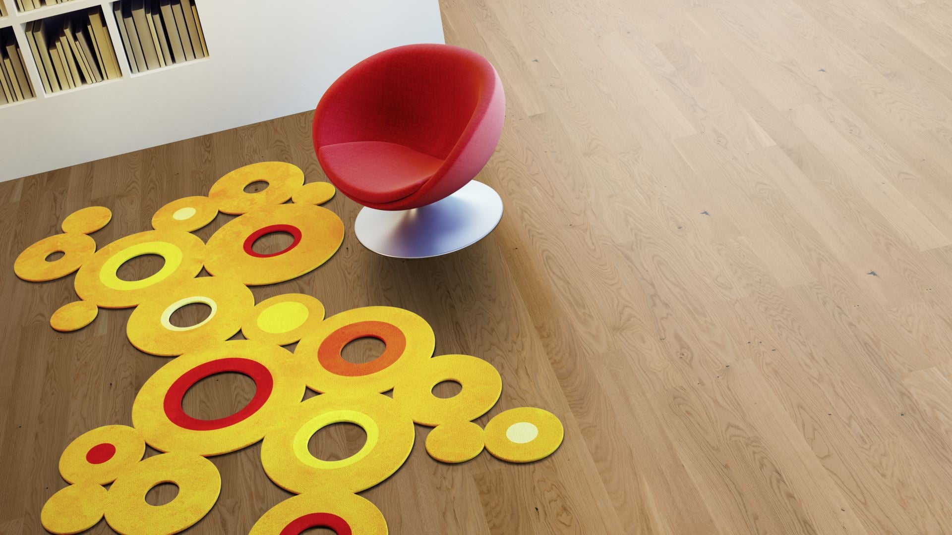 Eiche Rustikal geölt – 2-Schicht Fertigparkett MAXI Beispielbild Wohnzimmer mit rotem Stuhl