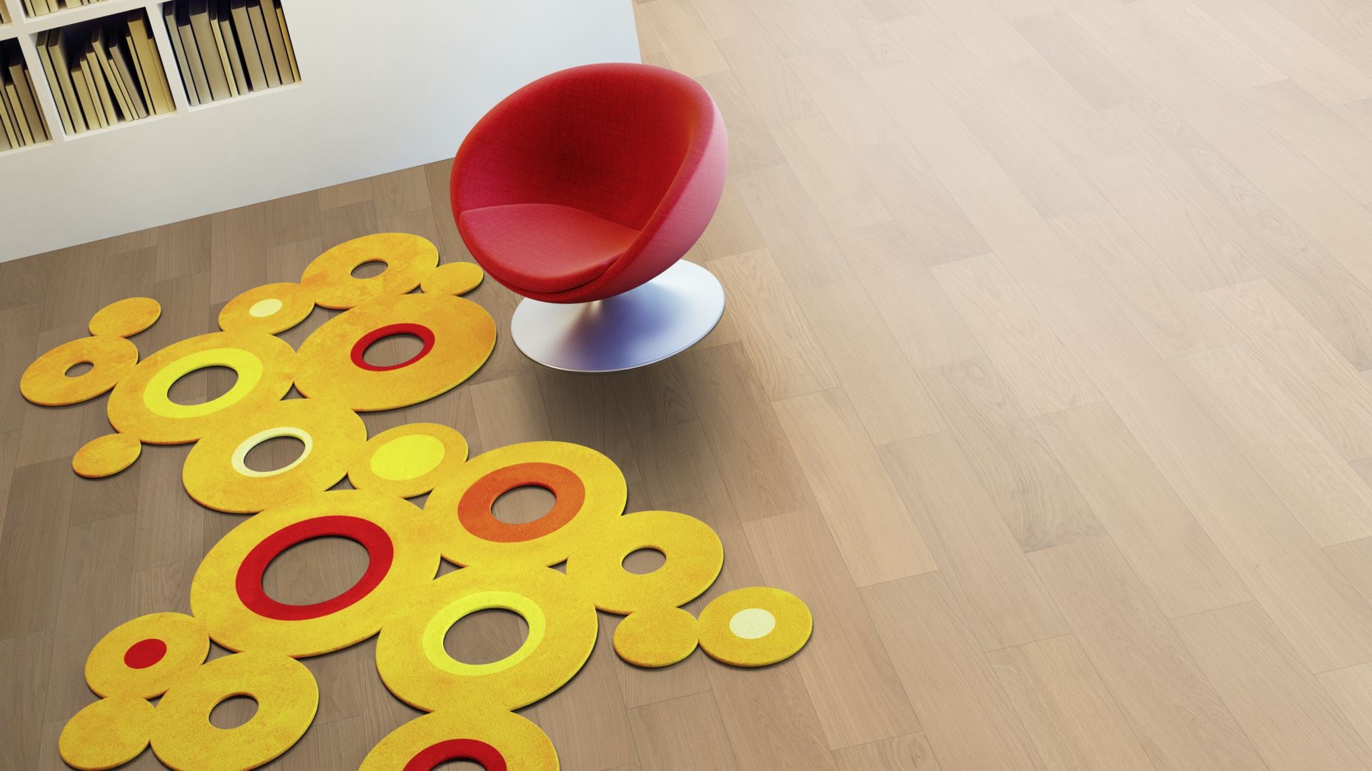 Eiche Eleganz 5 % weiß geölt 2-Schicht Massivdiele 11 × 155 × 500–2000 mm – Beispielbild Wohnzimmer mit rotem Stuhl