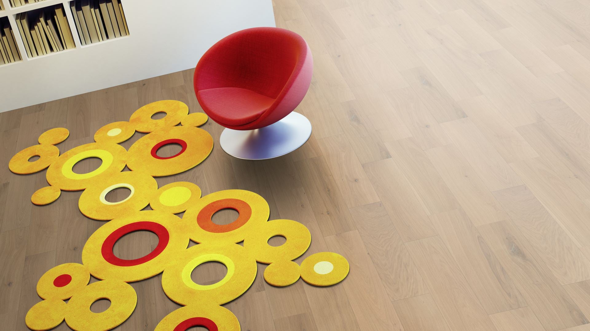 Eiche Natur 5 % weiß geölt 2-Schicht Massivdiele 11 × 155 × 500–2000 mm – Beispielbild Wohnzimmer mit rotem Stuhl