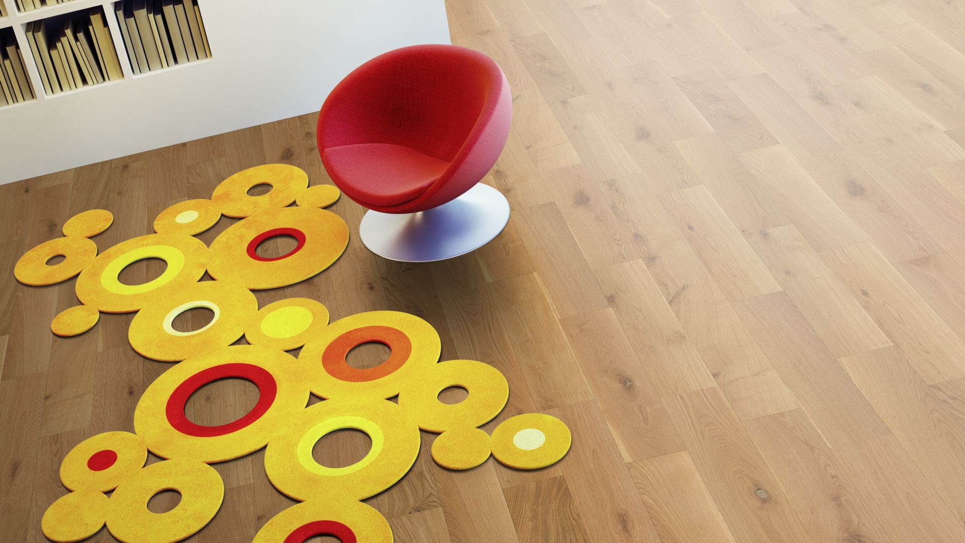 Eiche Rustikal geölt 2-Schicht Massivdiele 11 × 155 × 500–2000 mm – Beispielbild Wohnzimmer mit rotem Stuhl