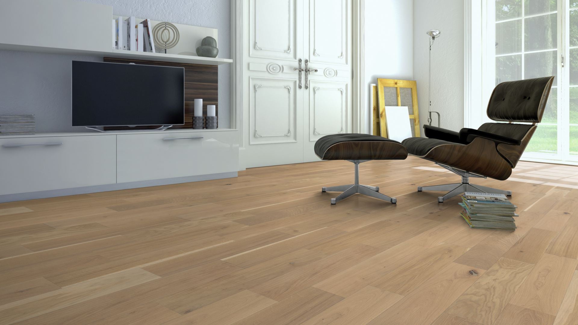 Eiche Rustikal 5 % weiß geölt 2-Schicht Massivdiele 11 × 155 × 500–2000 mm – Beispielbild Wohnzimmer mit Designer–Stuhl