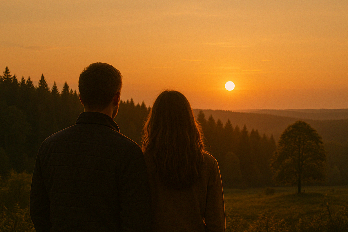 Ein Mann und eine Frau blicken in einem Wald hoffnungsvoll in Richtung Sonnenaufgang.