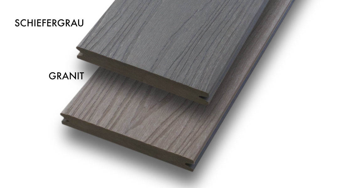 WPC 20 × 143 mm SOLID – CoEx Granit Terrassendiele (massiv, Fixlängen) Produktfoto Vergleichsbild: Oben Schiefergrau; Unten Granit