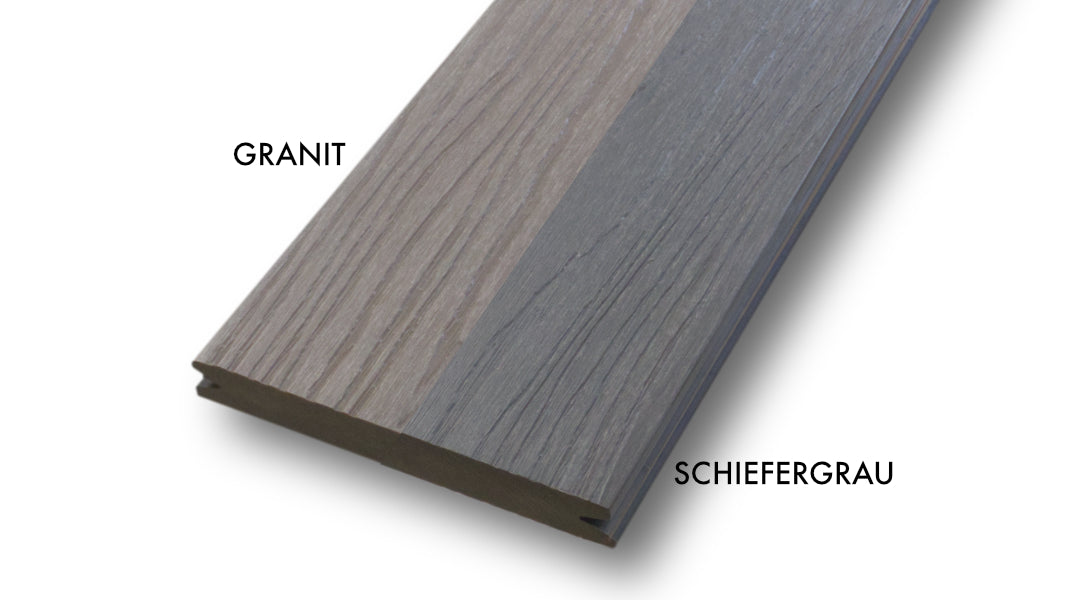 WPC 20 × 143 mm SOLID – CoEx Schiefergrau Terrassendiele (massiv, Fixlängen) Produktfoto Vergleichsbild: Rechts Schiefergrau; Links Granit