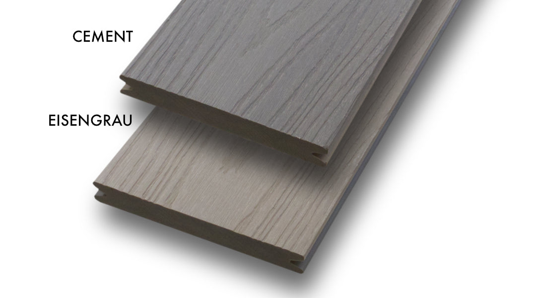 WPC 20 × 143 mm SOLID - CoEx Cement Oberfläche: Struktur Terrassendiele (massiv) Fixlängen Vergleich. Oben Cement; unten Eisengrau