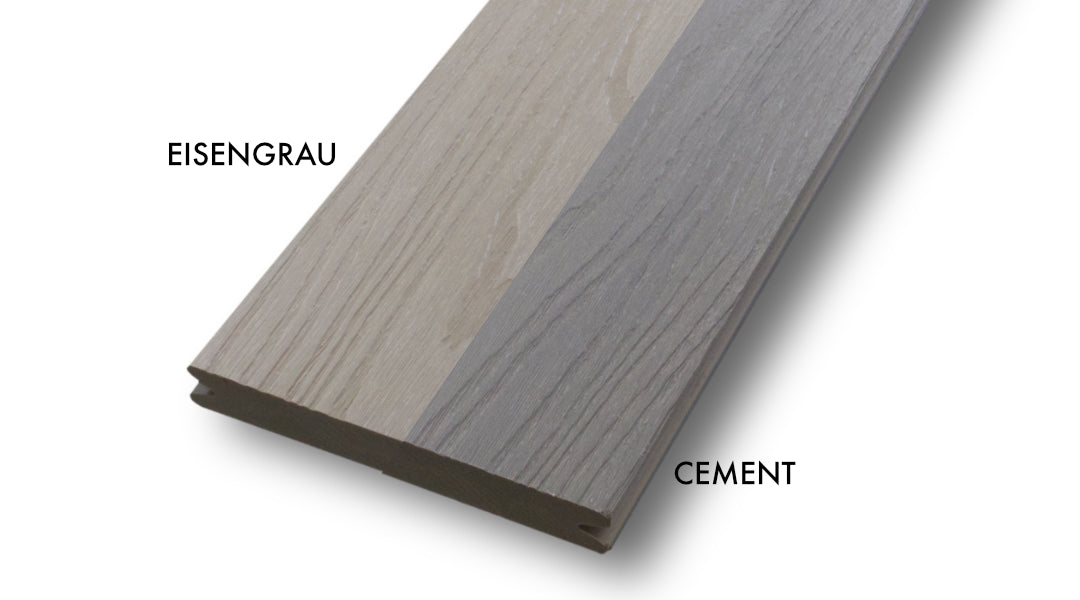 WPC 20 × 143 mm SOLID - CoEx Cement Oberfläche: Struktur Terrassendiele (massiv) Fixlängen Vergleich. Rechts Cement; Links Eisengrau
