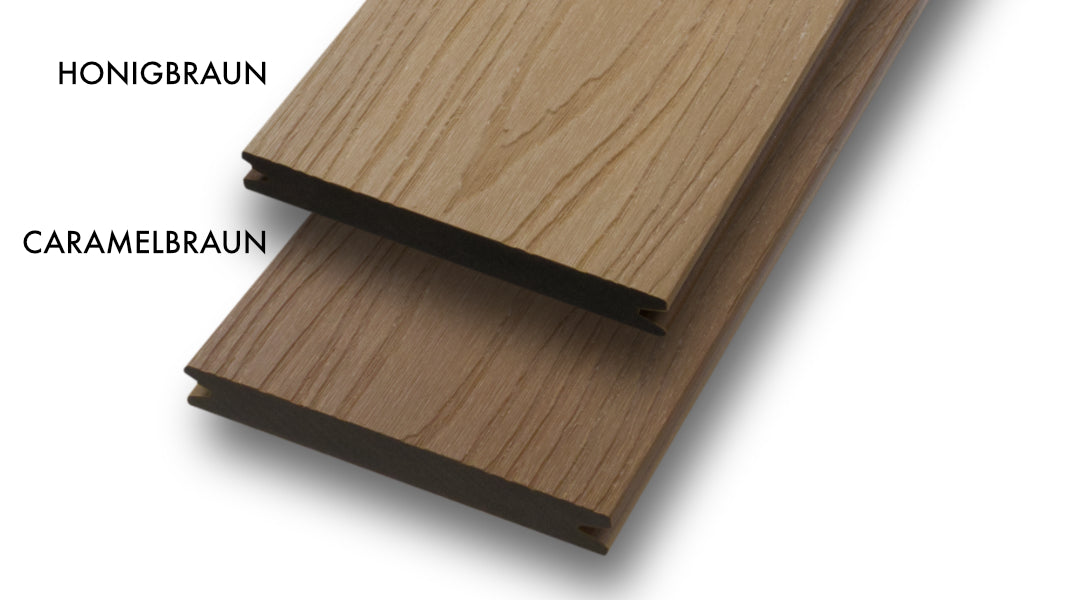 WPC 20 × 143 mm SOLID - CoEx Honigbraun Oberfläche: Struktur Terrassendiele (massiv) Fixlängen. Vergleich. Oben Honigbraun; Unten Caramelbraun