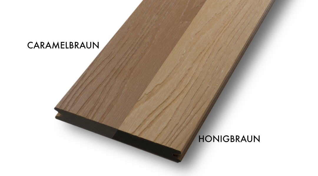 WPC 20 × 143 mm SOLID - CoEx Honigbraun Oberfläche: Struktur Terrassendiele (massiv) Fixlängen. Vergleich. Rechts Honigbraun; Links Caramelbraun