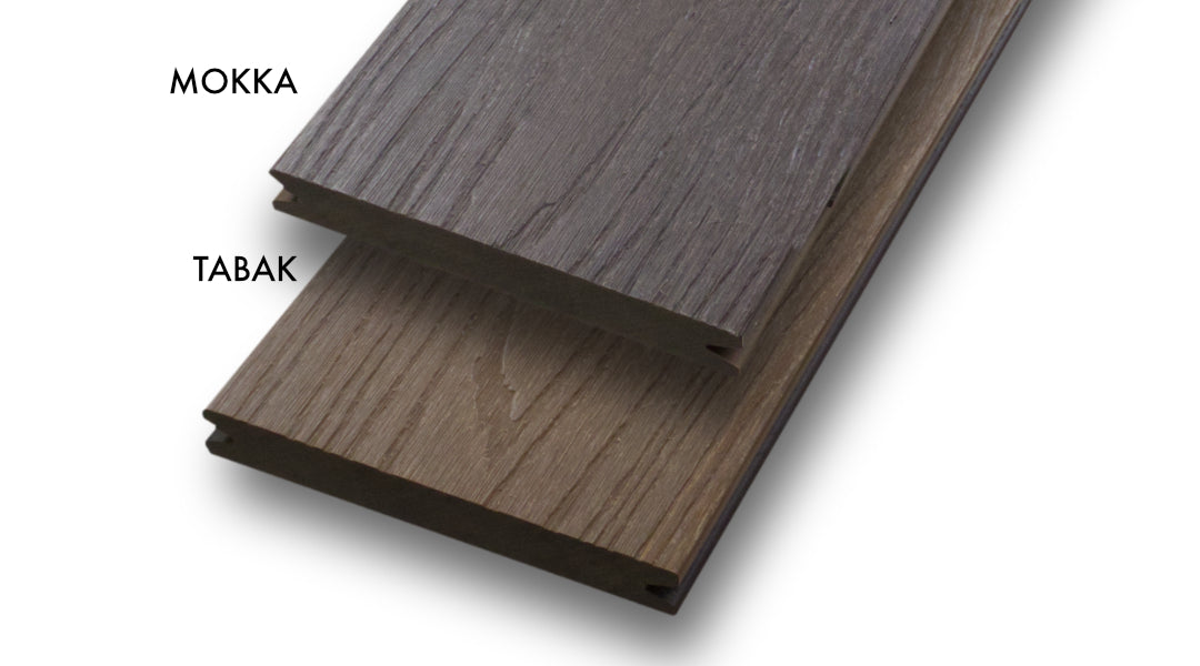 WPC 20 × 143 mm SOLID - CoEx Tabak Oberfläche: Struktur Terrassendiele (massiv) Fixlängen. Tabak und Mokka im Vergleich. Oben Mokka; Unten Tabak