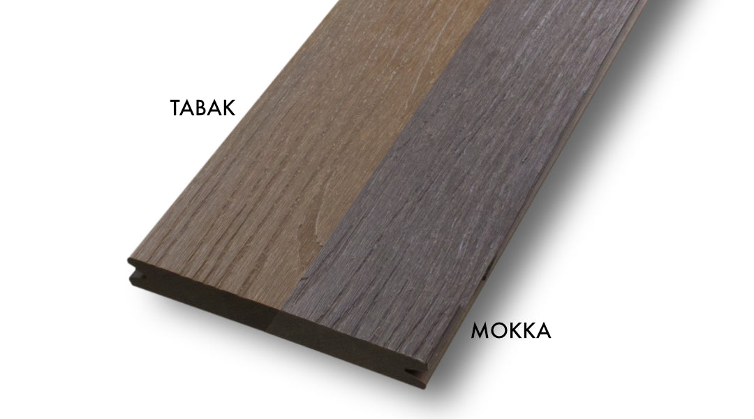 WPC 20 × 143 mm SOLID - CoEx Tabak Oberfläche: Struktur Terrassendiele (massiv) Fixlängen. Vergleich Tabak (links) und Mokka (rechts)