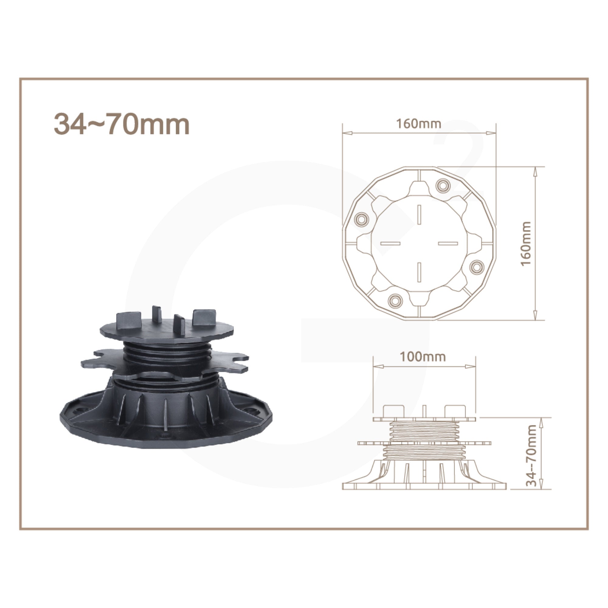 PROFI Terrassenlager für Terrassenplatten verstellbar 34-70mm Technische Zeichnung