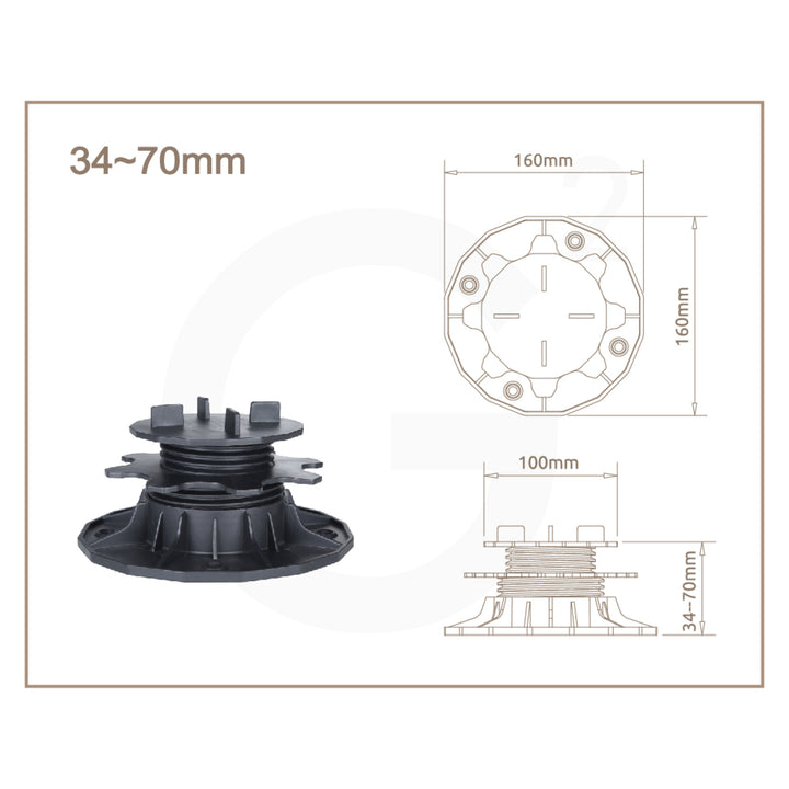 PROFI Terrassenlager für Terrassenplatten verstellbar 34-70mm Technische Zeichnung