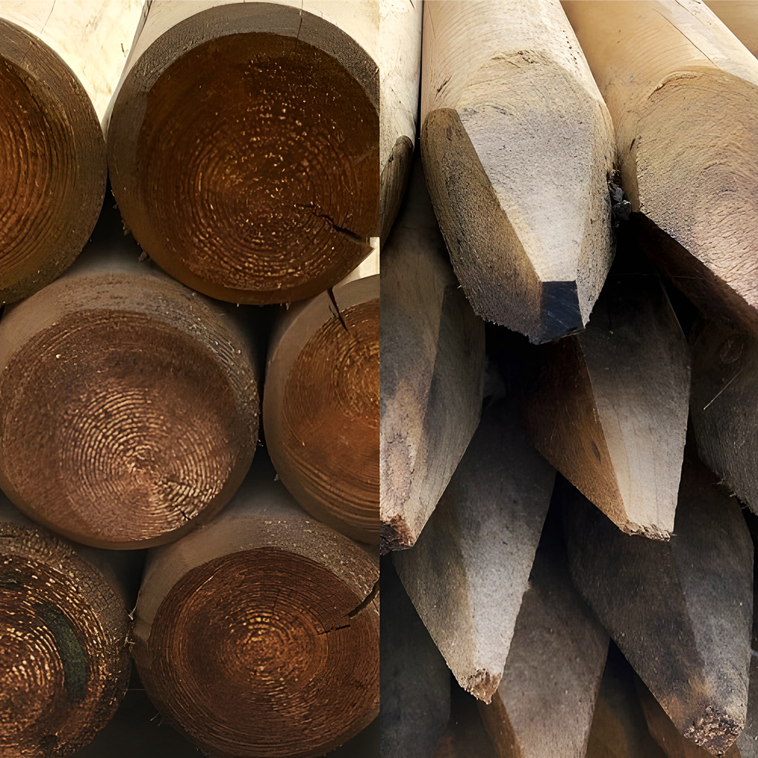 Detailaufnahme von Palisaden (links) und Holzpfählen (rechts)