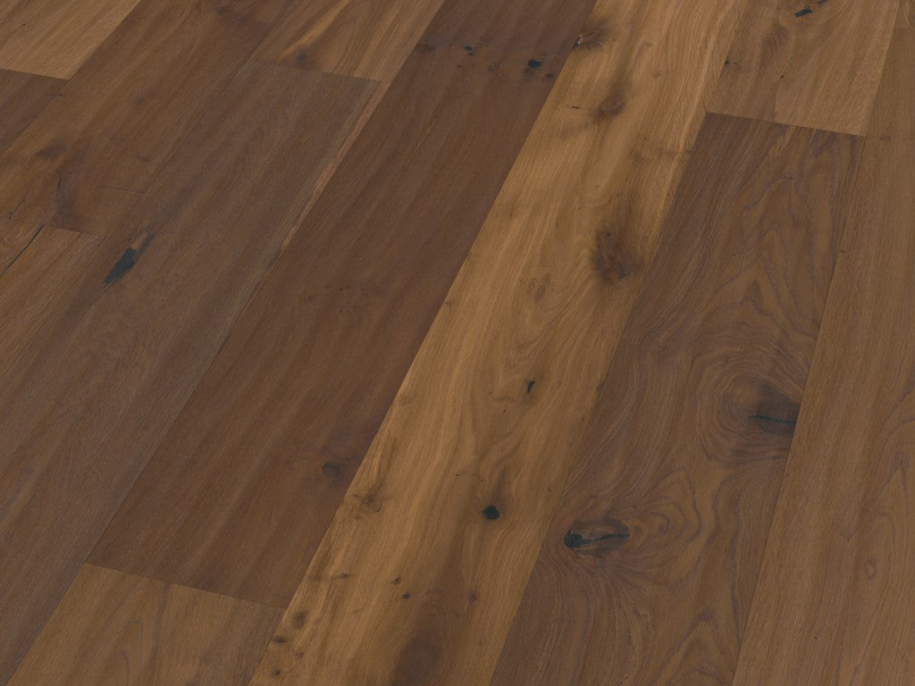Parquet contrecollé 3 plis à clipser, chêne Windsor raboté main, fumé et huilé, 14 × 190 × 1900 mm