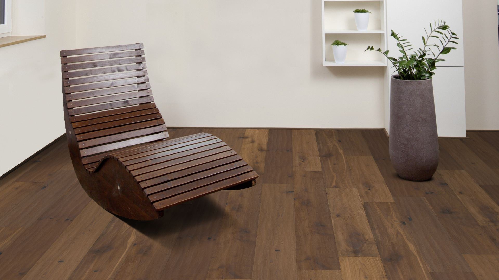 Parquet contrecollé 3 plis à clipser, chêne Windsor raboté main, fumé et huilé, 14 × 190 × 1900 mm