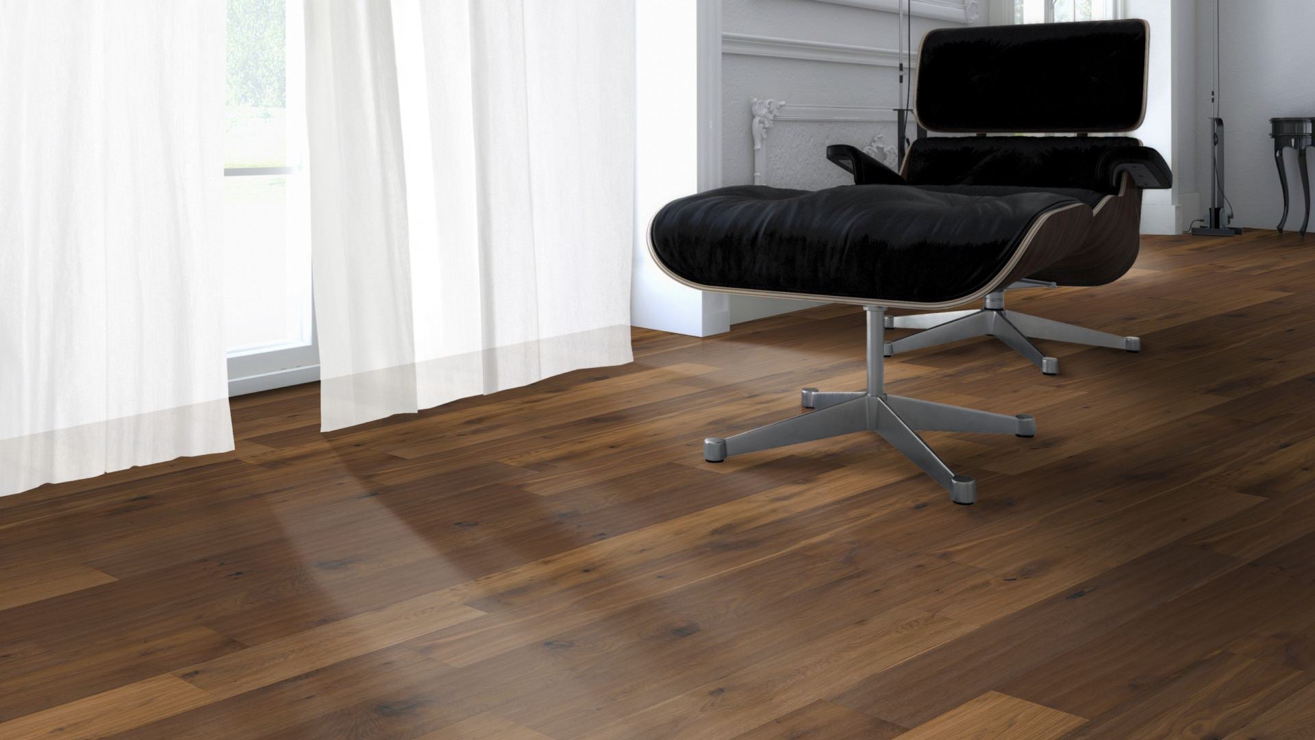 Parquet contrecollé 3 plis à clipser, chêne Windsor raboté main, fumé et huilé, 14 × 190 × 1900 mm