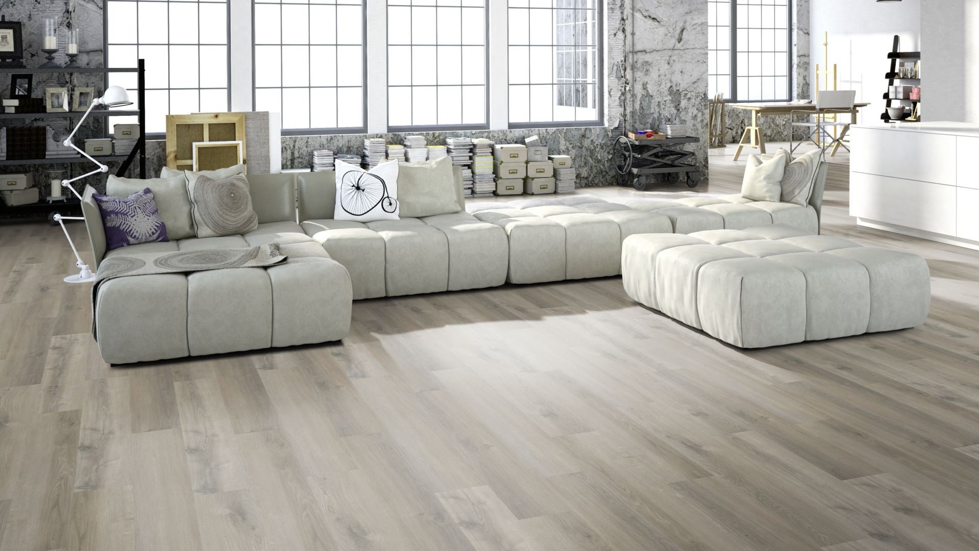 Odin Traffic Vinyl Designboden Click Beispielbild Wohnzimmer mit grauem Sofa