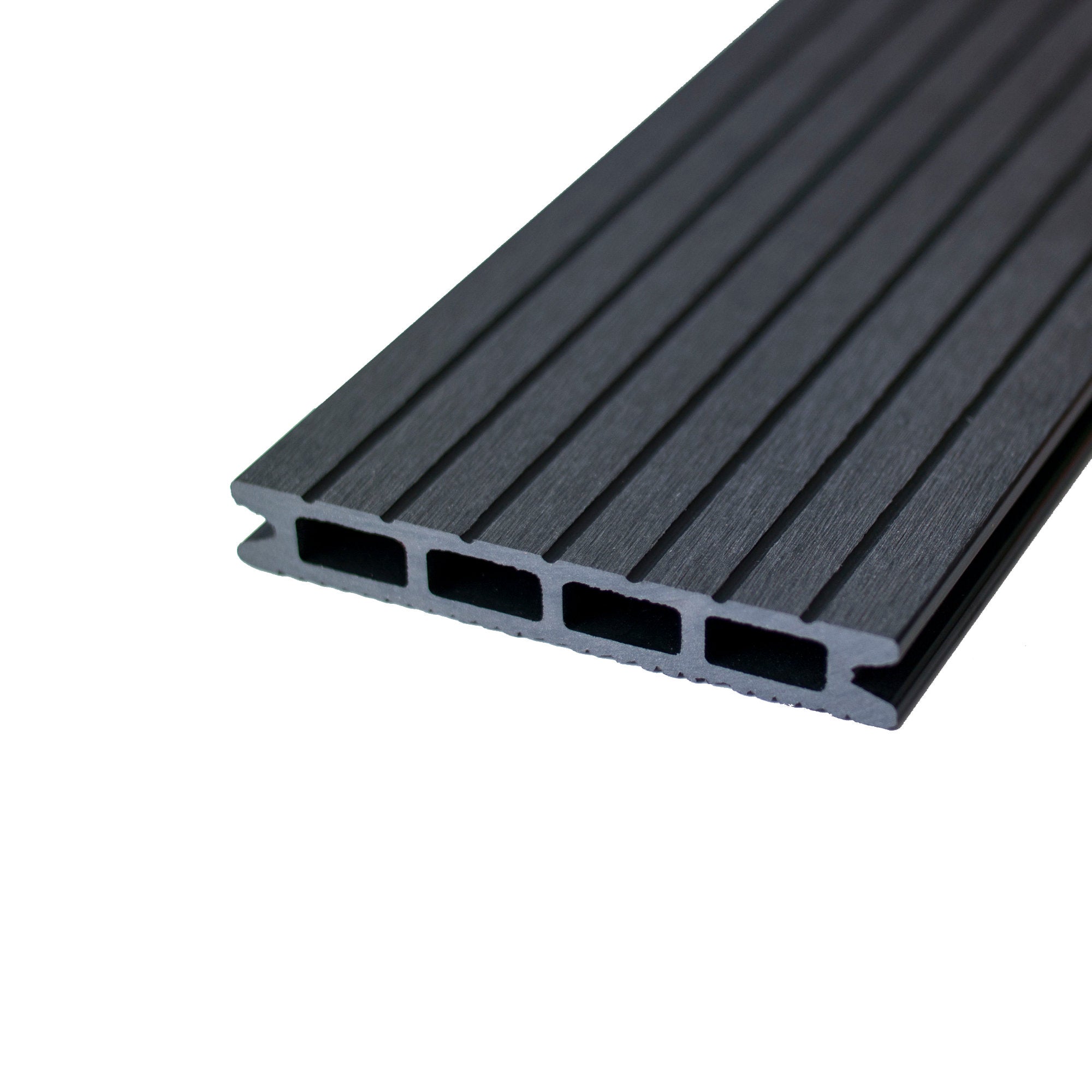 WPC 22 × 146 mm HOLO 4 dunkelgrau genutet Terrassendiele (4 Kammern) Fixlängen Detailaufnahme
