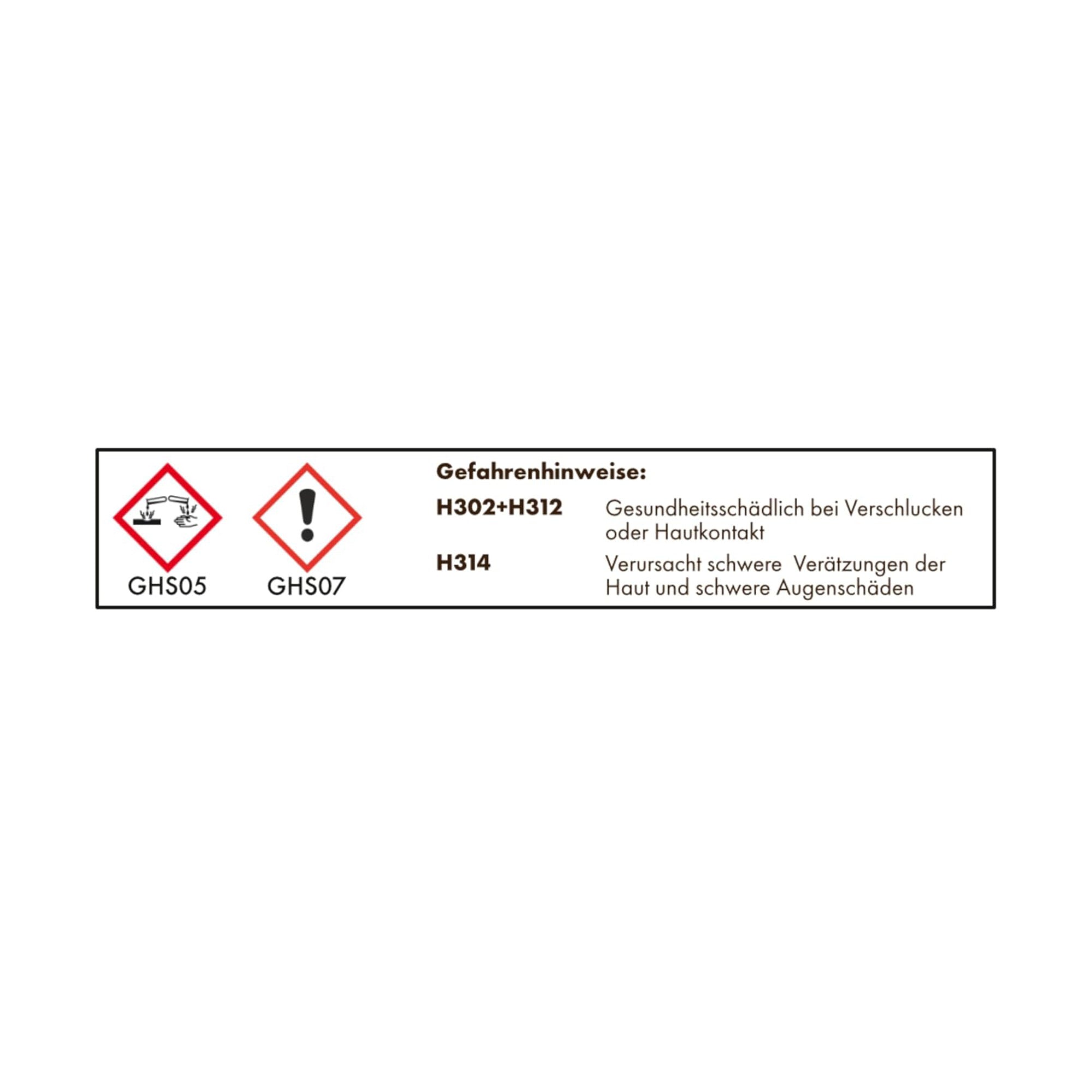 Oxalsäure 40g Warnhinweise Logos GHS05 und GHS07, H302+H312: Gesundheitsschädlich bei Verschlucken oder Hautkontakt; H314: Verursacht schwere Verätzungen der Haut und schwere Augenschäden